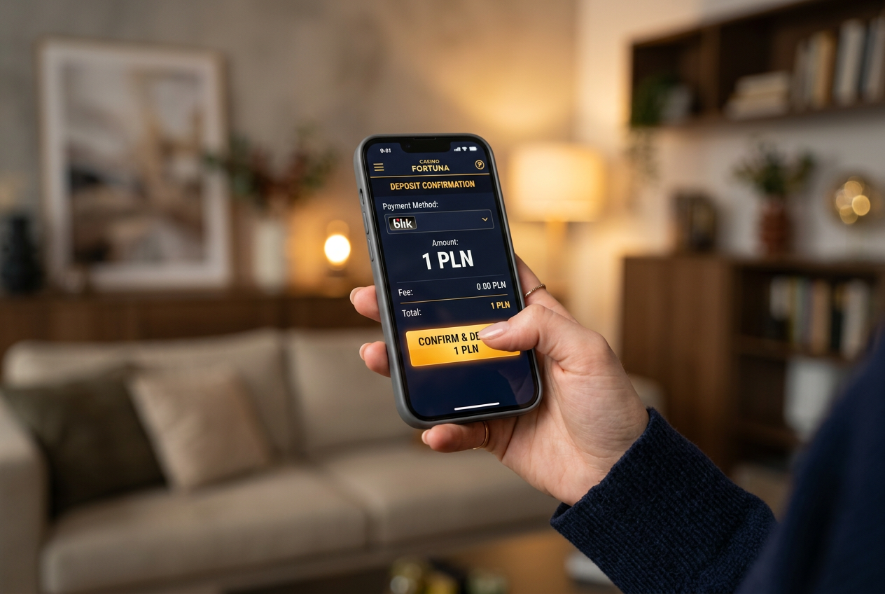 Smartfon z aplikacją kasynową i logiem płatności BLIK przy niskim depozycie.