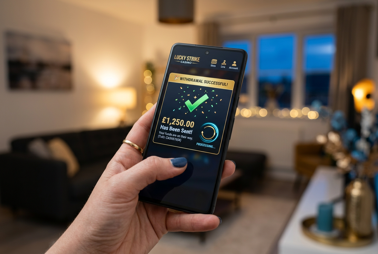 Smartphone displaying a casino app with a successful withdrawal notification.